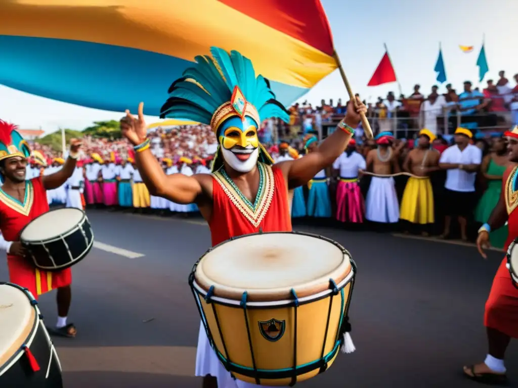 Tradiciones festivas en Uruguay cobran vida con tamborileros de Candombe y danzantes en el Carnaval de Montevideo, bajo un sol dorado