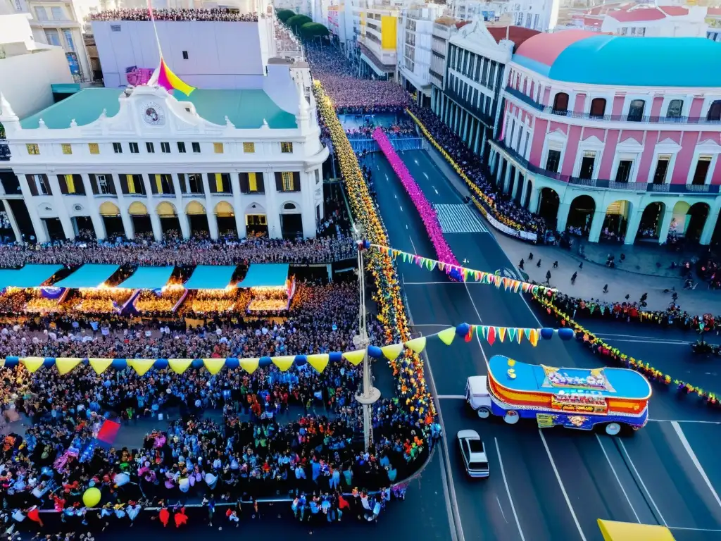 Tradiciones festivas en Uruguay: una vista aérea del deslumbrante Carnaval de Montevideo, lleno de color y alegría