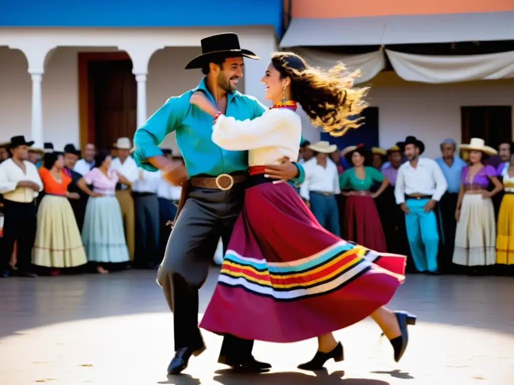 Tradiciones gauchescas en Uruguay: Pareja en danza apasionada, vestidos de gaucho en la vibrante Semana Criolla de Montevideo