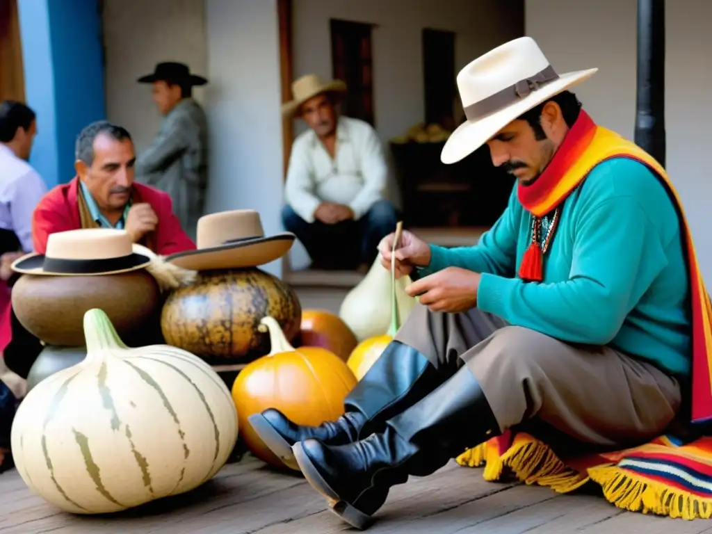 Tradiciones gauchescas en Uruguay: un habilidoso artesano gaucho esculpe una calabaza de mate en la Semana Criolla, bajo un sol dorado