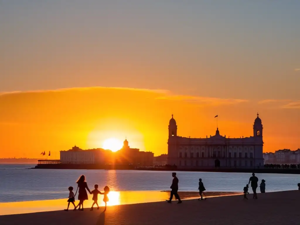 Una tranquila caminata familiar al atardecer en Montevideo, Uruguay, reflejando consejos de seguridad para viajar con niños