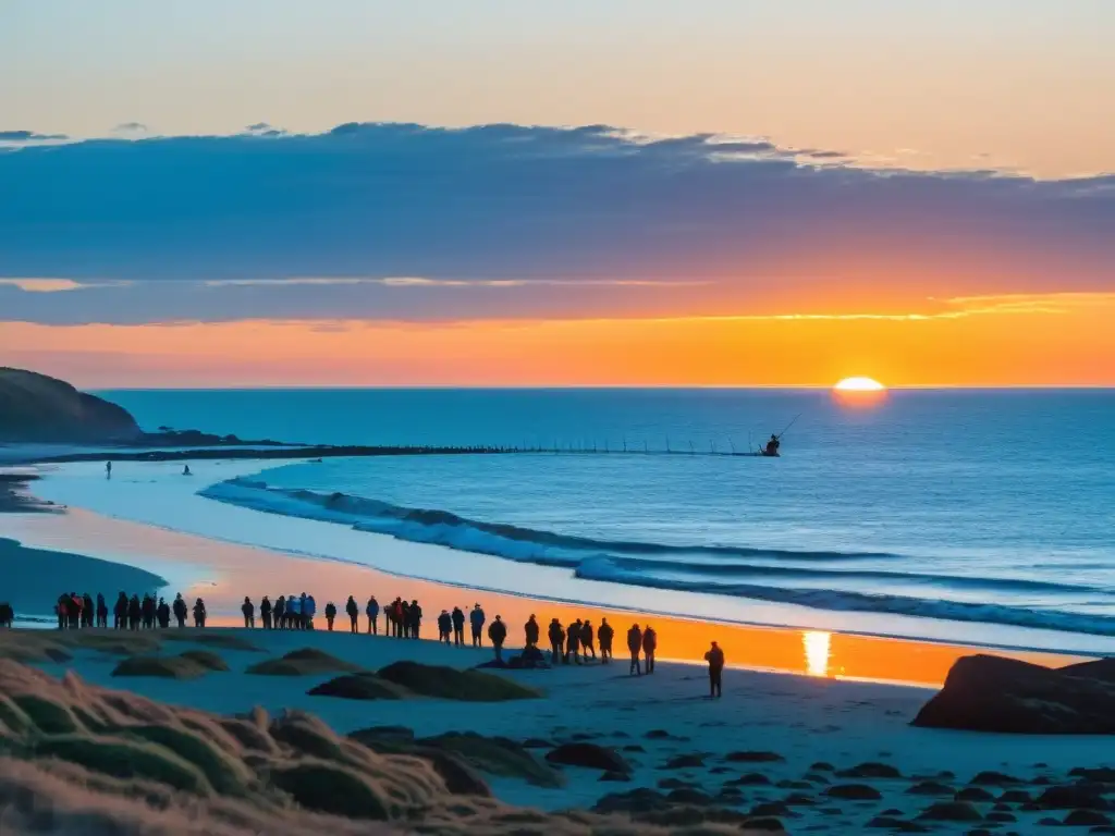 Un tranquilo atardecer en la costa uruguaya, con entusiastas de la pesca disfrutando