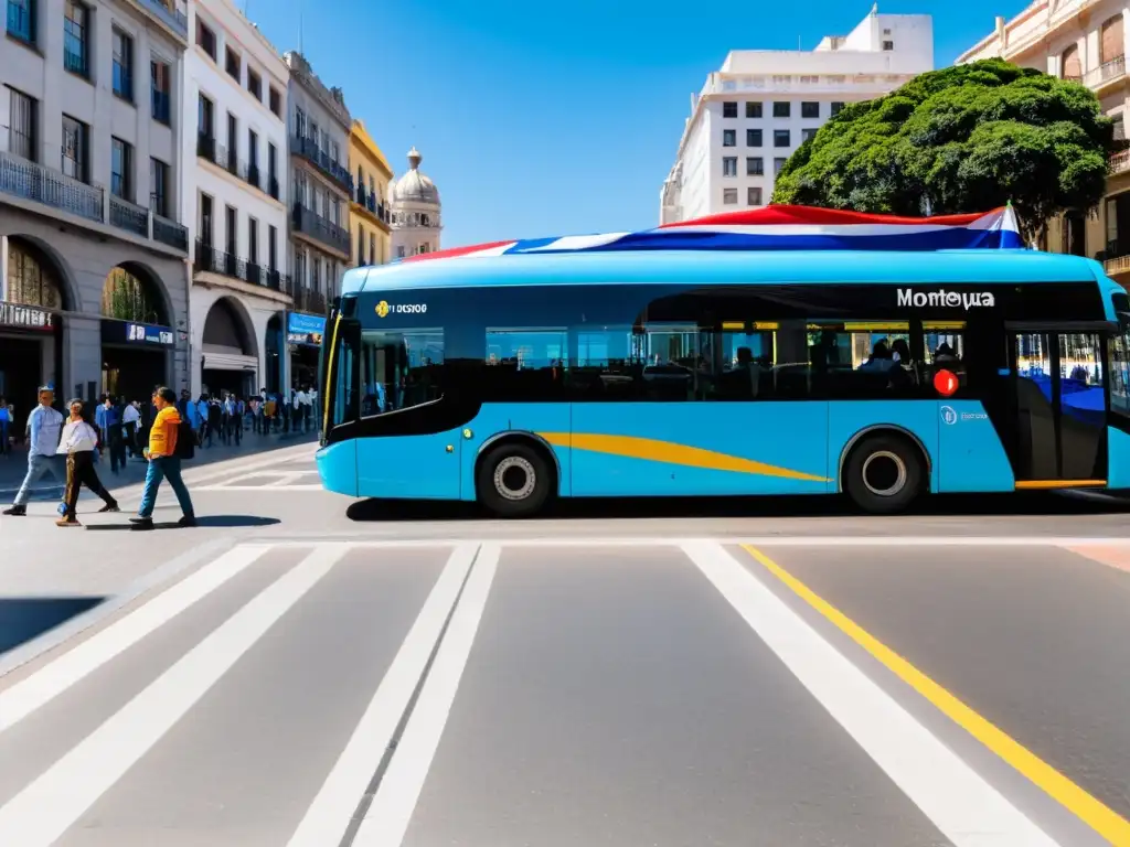 Transporte accesible para personas con discapacidad en Uruguay: bus vibrante despliega rampa para usuario de silla de ruedas en soleado Montevideo