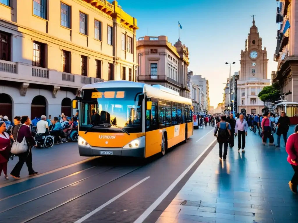 Transporte accesible para turistas en Uruguay: un autobús público adaptado se detiene ante una calle animada de Montevideo al atardecer