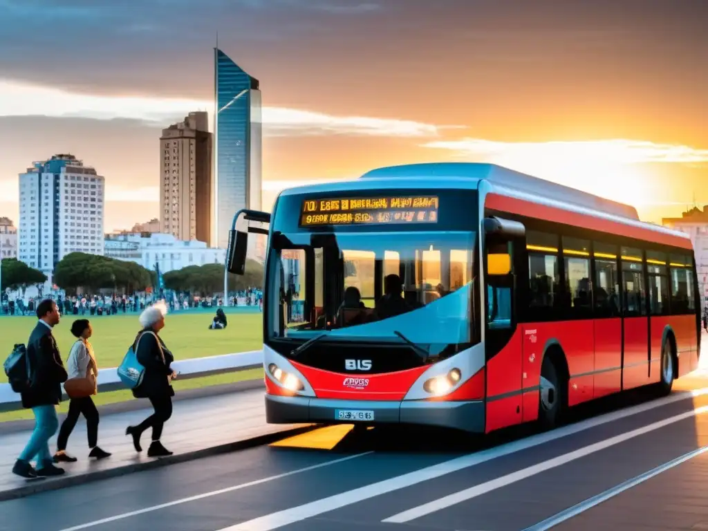 Transporte accesible para turistas en Uruguay, con un autobús adaptado para sillas de ruedas al atardecer en una ciudad bulliciosa