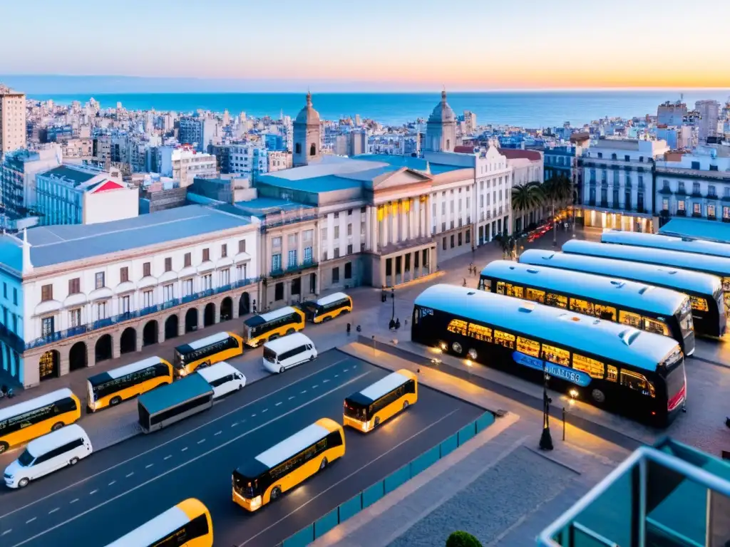 Transporte accesible para turistas en Uruguay: Buses alineados en Montevideo, con la diversidad arquitectónica y un atardecer dorado