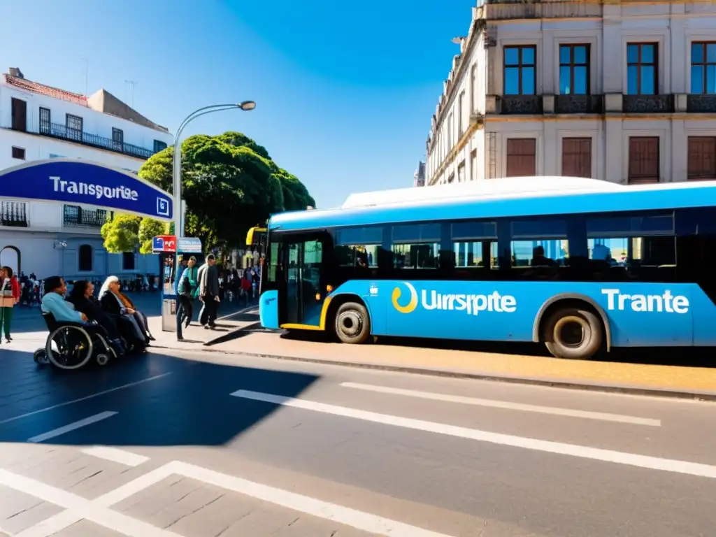 Transporte accesible para turistas en Uruguay: ciudad vibrante con bus inclusivo y gente diversa esperando