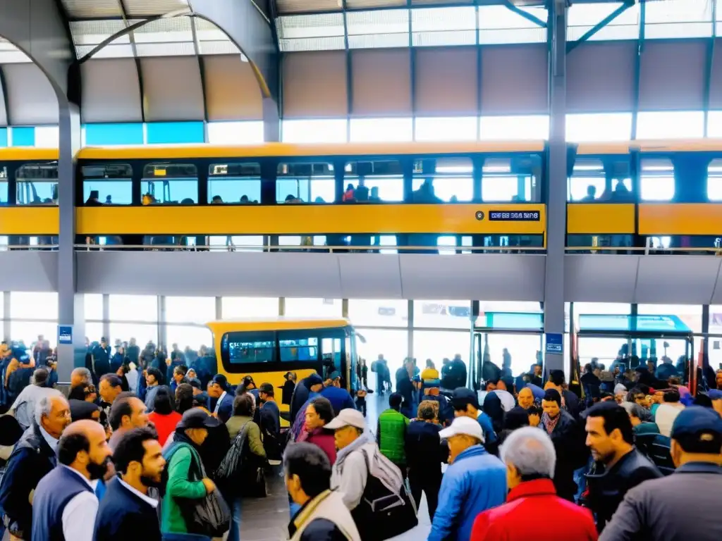 Transporte económico y eficiente en Uruguay: estación de autobuses de Montevideo, vibrante y llena de vida, bajo un cielo azul claro