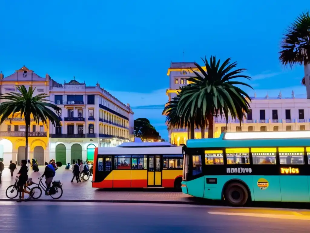 Montevideo al anochecer, con su transporte económico y eficiente en Uruguay; autobús colorido, bicicletas y taxis en un ambiente bullicioso