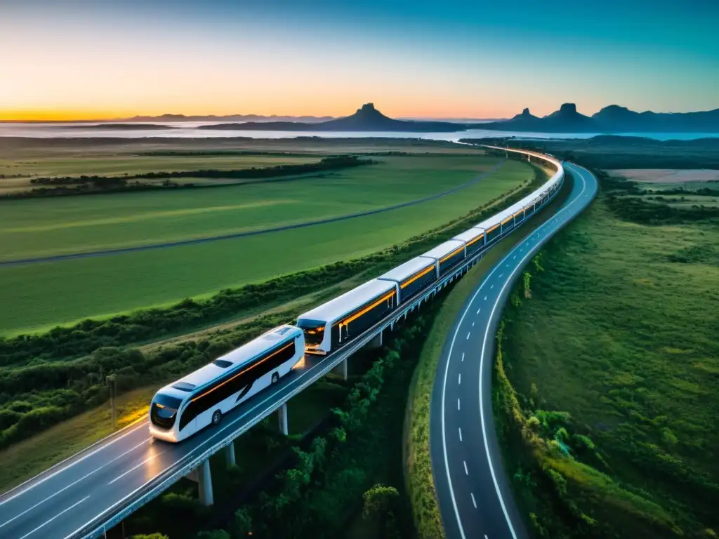 Transporte de larga distancia en Uruguay: un autobús moderno recorre carreteras que serpentean por paisajes uruguayos al atardecer