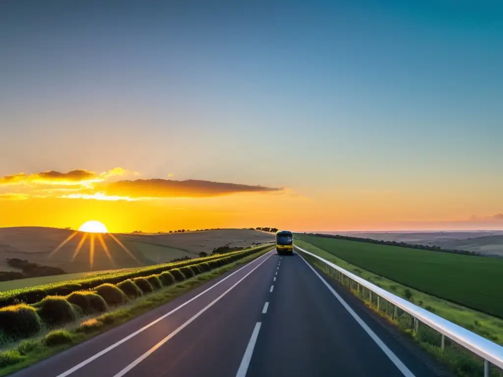 Transporte de larga distancia en Uruguay con un bus moderno recorriendo una carretera impecable al atardecer, con Montevideo en la lejana bruma