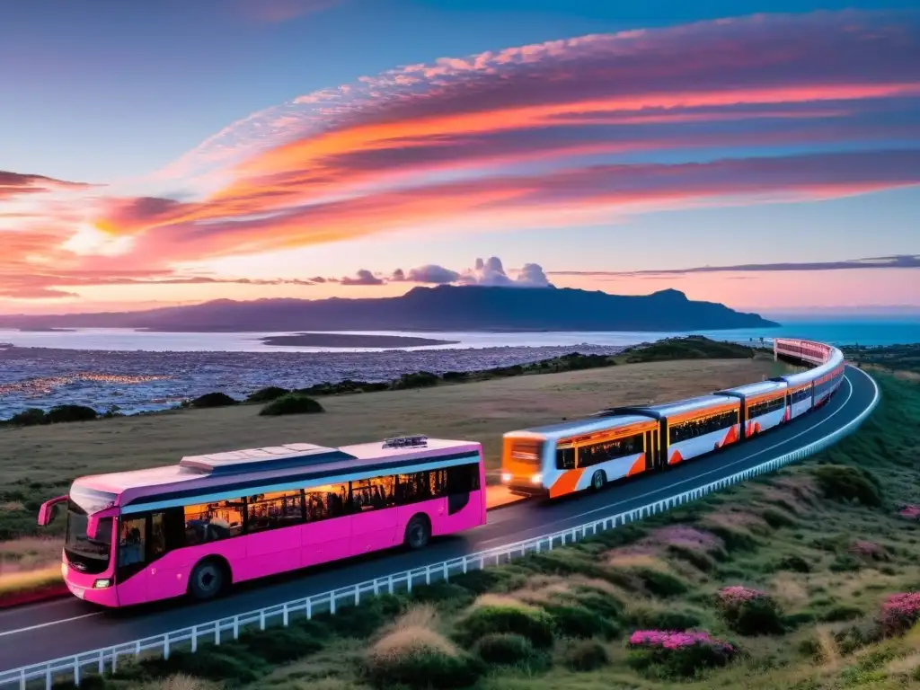 Transporte de larga distancia en Uruguay en acción: un bus en carretera, tren lejano, avión en cielo rosado y barco al anochecer