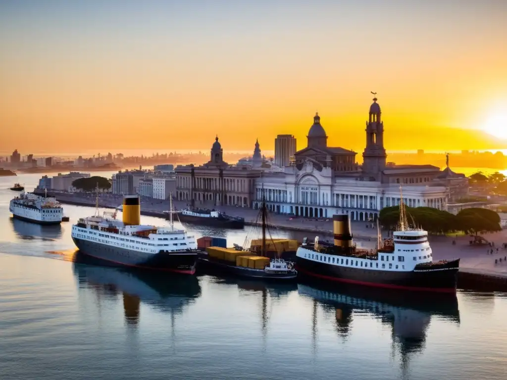 Transporte de larga distancia en Uruguay: desde galeones hasta modernos barcos en un amanecer dorado en el puerto de Montevideo