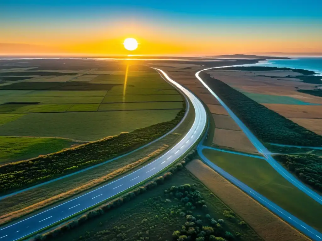 Transporte de larga distancia en Uruguay, ilustrado por una vista aérea del atardecer sobre las vastas pampas y la Ruta 5