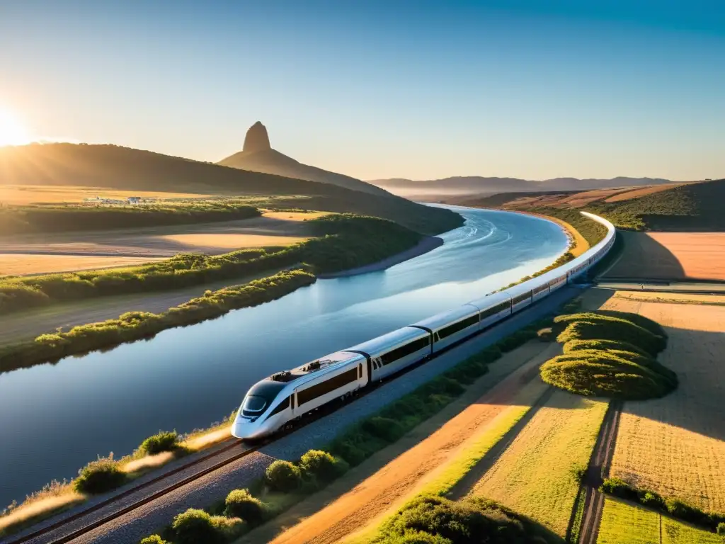 Transporte de larga distancia en Uruguay en su máximo esplendor: tren, bus, ferry y avión en un atardecer dorado