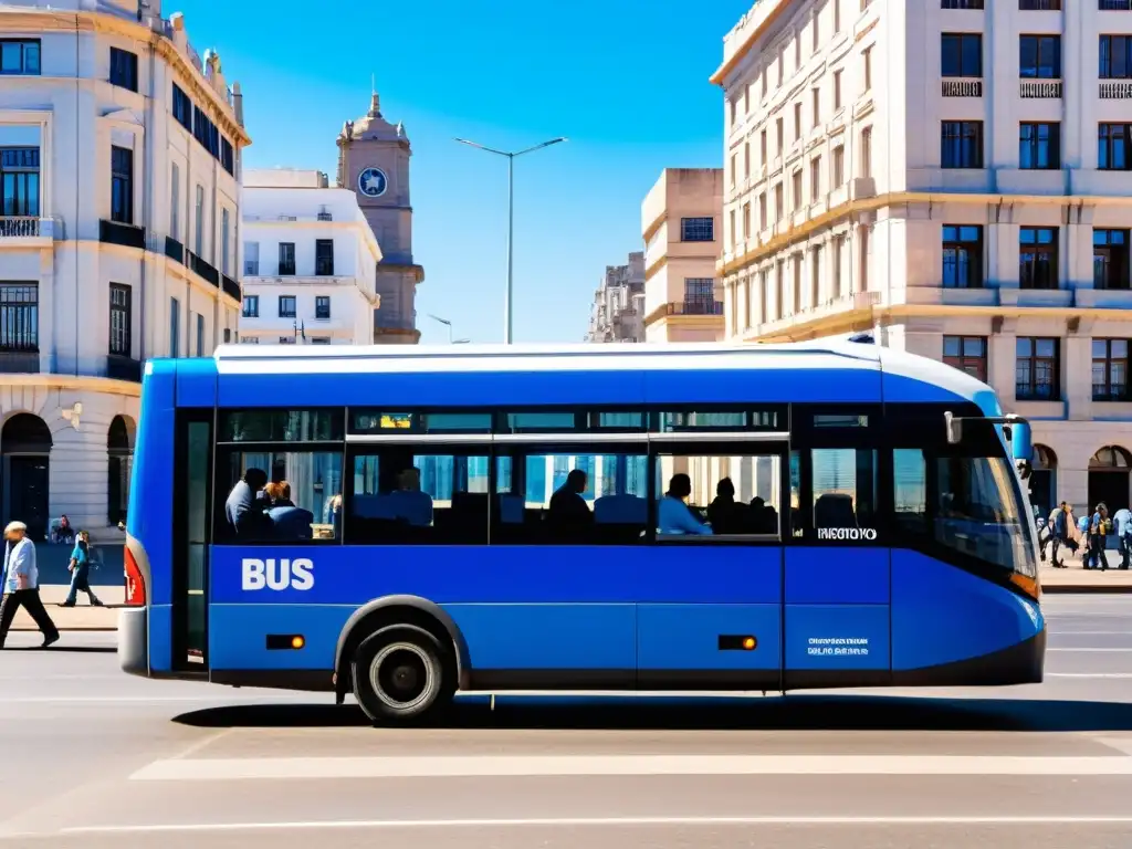 Transporte y movilidad en Uruguay: Un bullicioso atardecer en Montevideo con un vibrante autobús azul cobalto recogiendo pasajeros