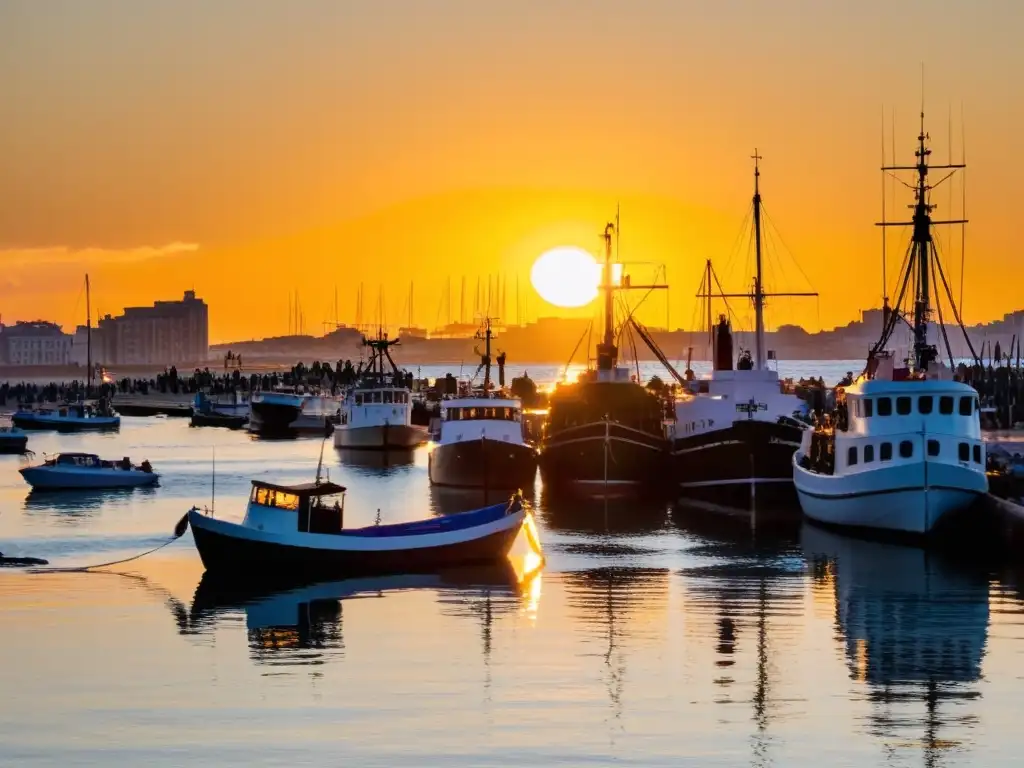 Transporte y movilidad en Uruguay capturados en un bullicioso puerto de Montevideo al atardecer, con barcos y rascacielos dorados