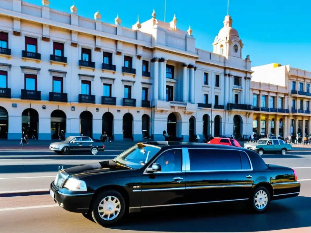 Transporte y movilidad en Uruguay: limusina negra recorre la animada Avenida 18 de Julio en Montevideo al atardecer