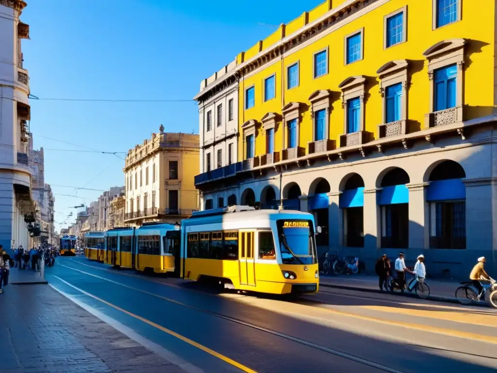 Transporte y movilidad en Uruguay: trams vintage y buses modernos animan Ciudad Vieja, Montevideo, bajo un cielo dorado