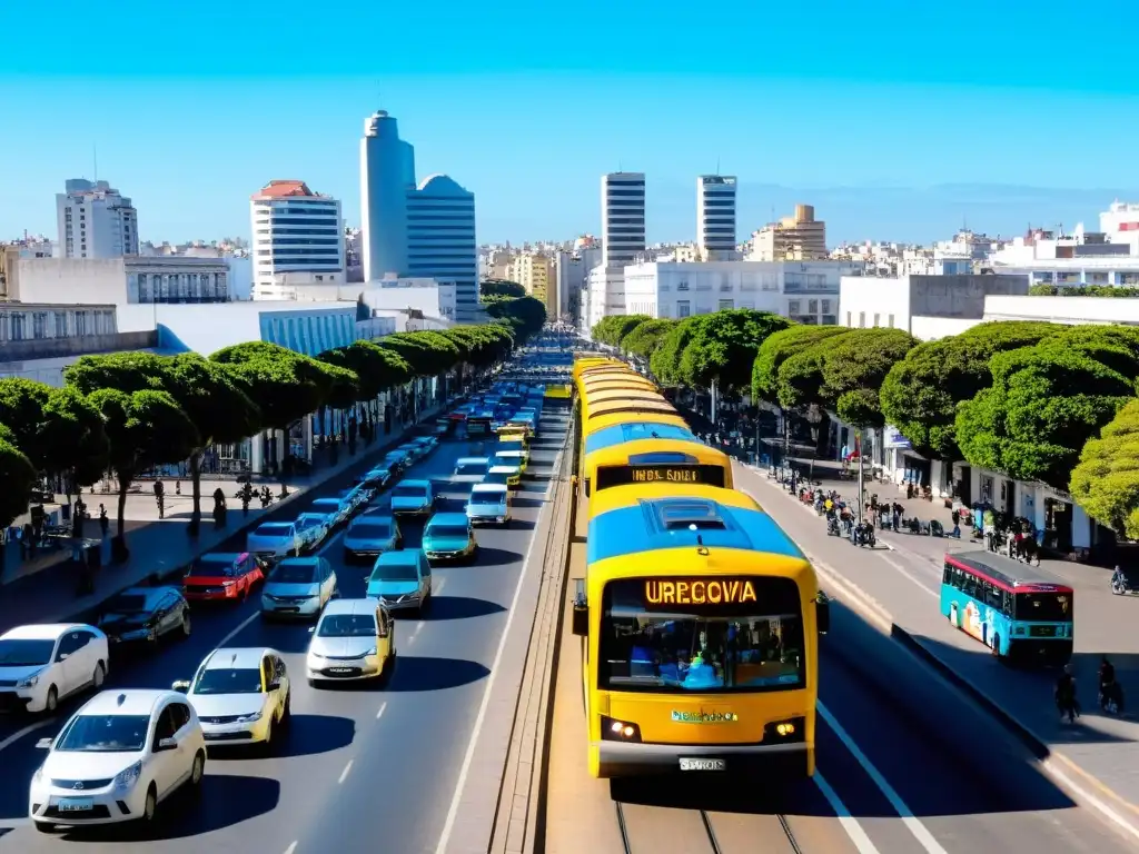 Transporte público económico en Uruguay en acción: ómnibus coloridos, taxis y remises en el bullicioso Montevideo al atardecer