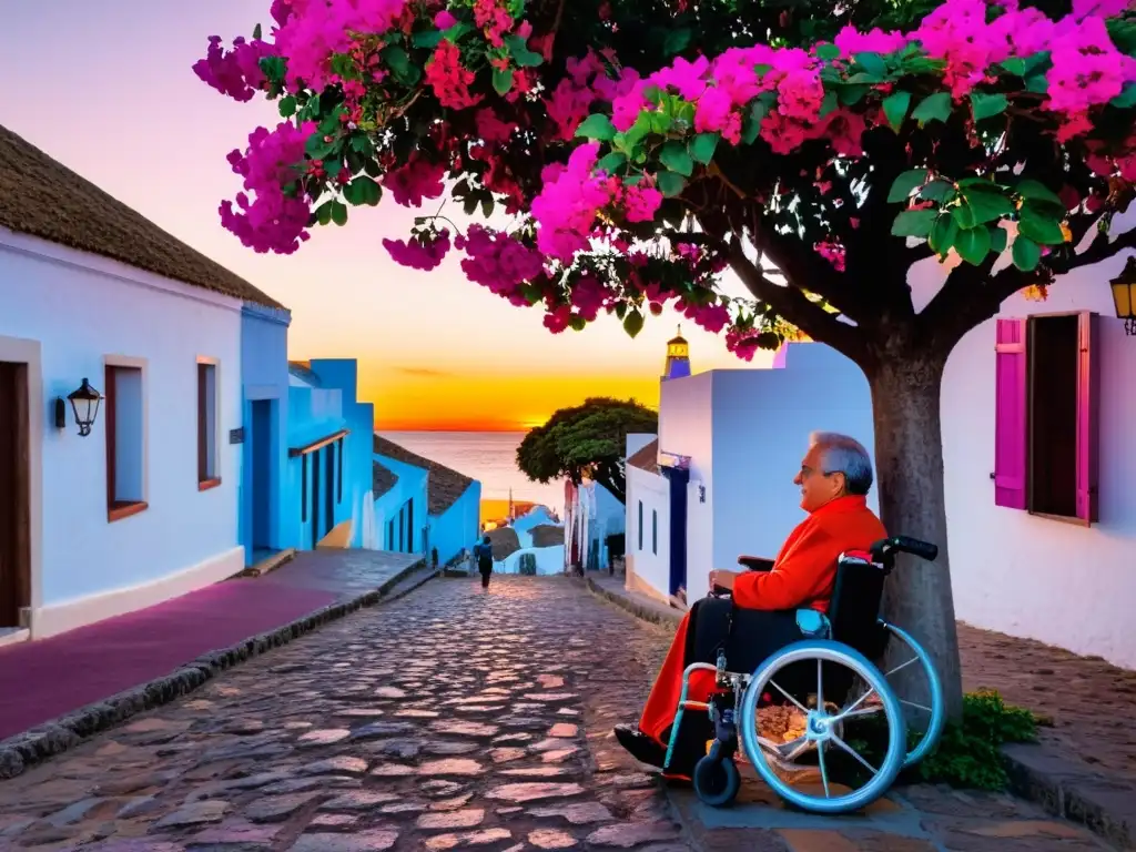 Turismo accesible en Uruguay: Un apasionado viajero en silla de ruedas explora las históricas calles de Colonia del Sacramento al atardecer