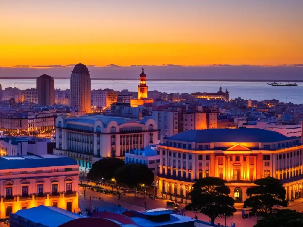 Turismo accesible en Uruguay: vista panorámica deslumbrante del atardecer en Montevideo, con rampas y senderos inclusivos