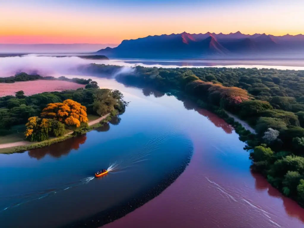 Turismo de aventura en Uruguay: turistas preparándose para el rafting y escalada en un atardecer panorámico en el Rio de la Plata