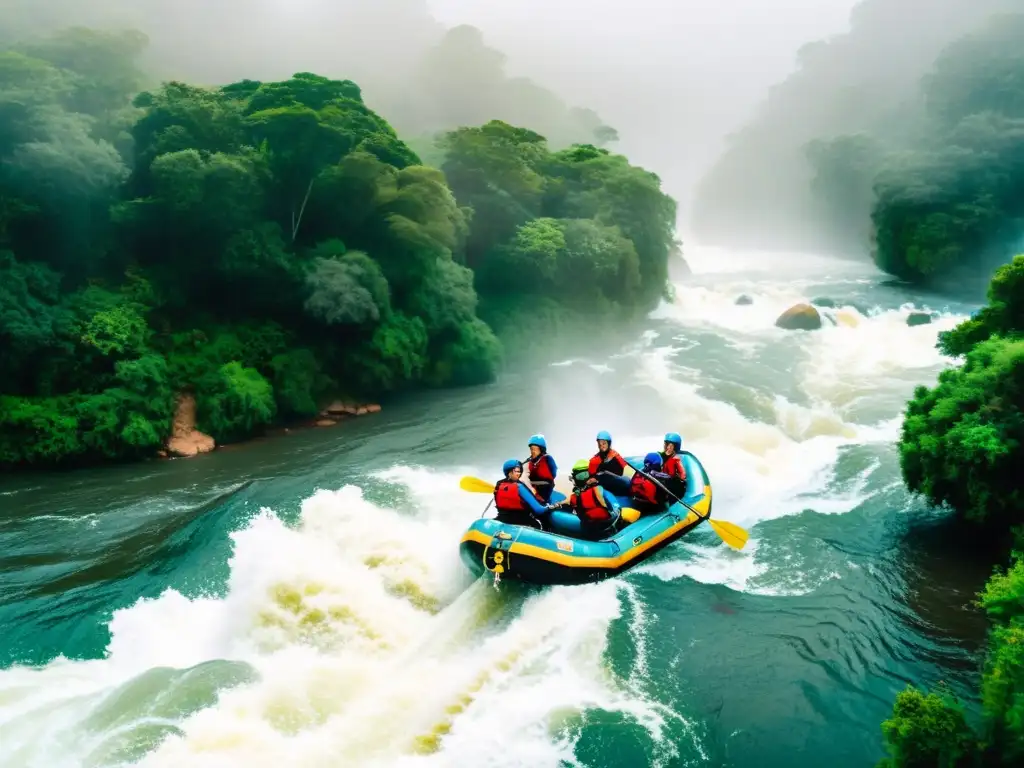 Turismo de aventura en Uruguay, turistas desafiando rápidos en un río vibrante, rodeados de una exuberante selva verde