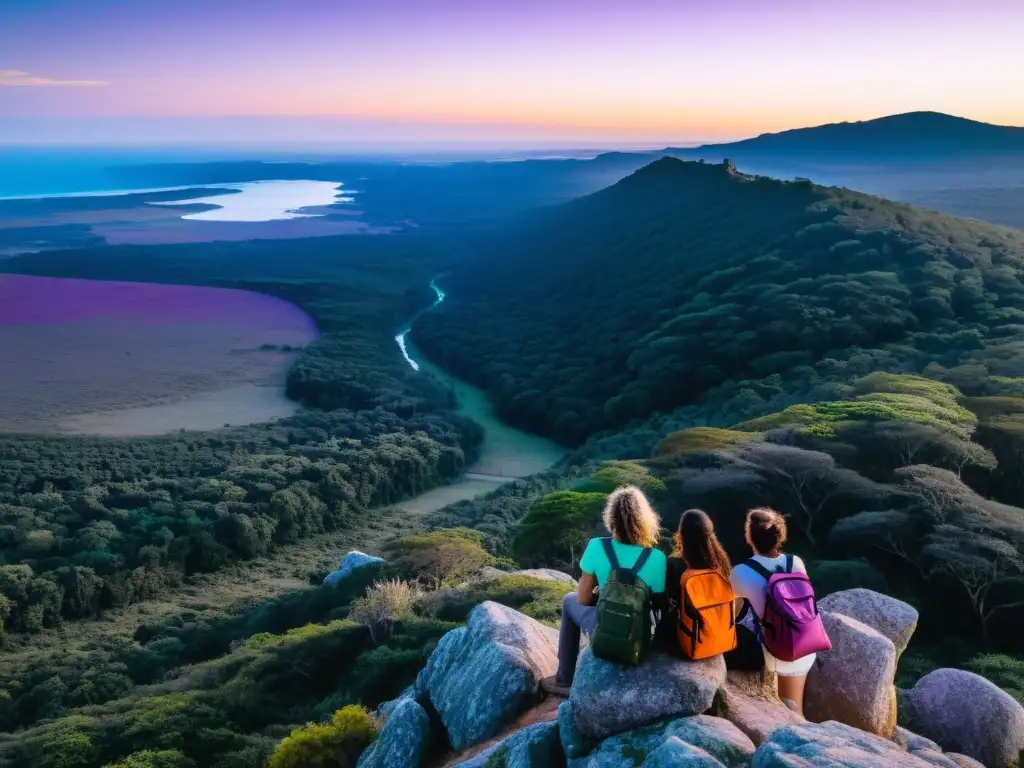 Turismo de aventura en Uruguay: viajeros emocionados observan el atardecer en la montaña, listos para explorar el bosque y el río salvaje