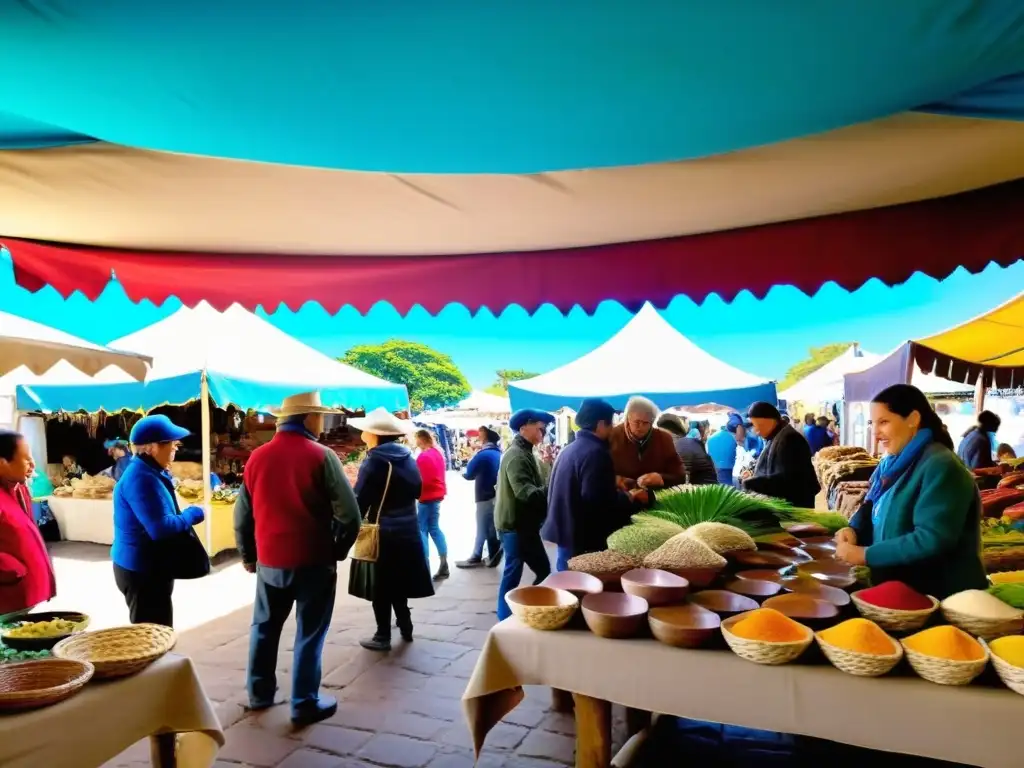 'Turismo comunitario impacto positivo Uruguay, en mercado vibrante, artesanos crean recuerdos tradicionales bajo un colorido toldo'