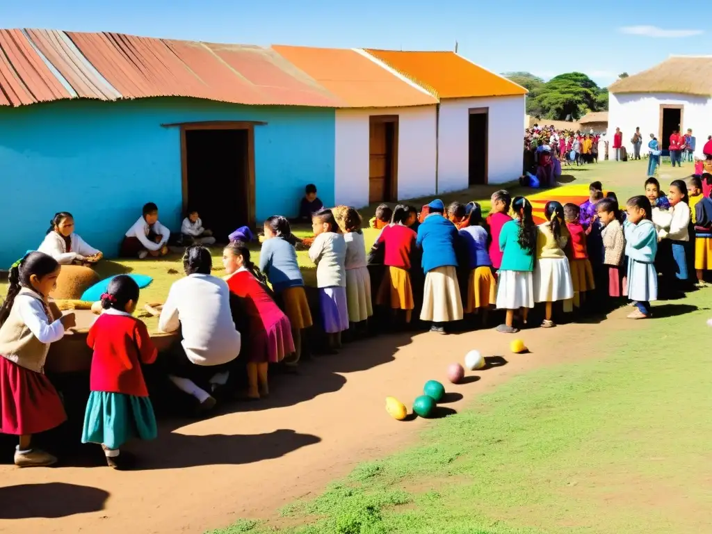 Turismo comunitario impacto positivo Uruguay: Panorámica de un festival local vibrante, niños riendo, artesanos y comida casera bajo un sol brillante