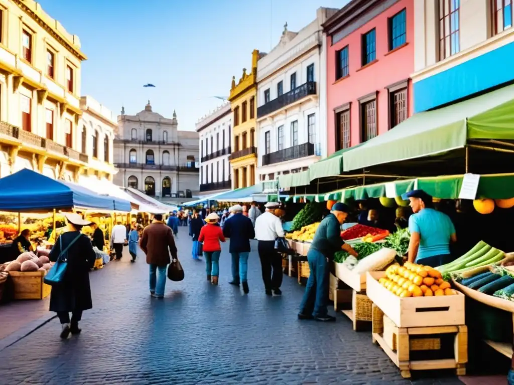 Turismo comunitario Uruguay: Un mercado vibrante en Montevideo, con tenderos locales, productos orgánicos y una mezcla de tradición y modernidad