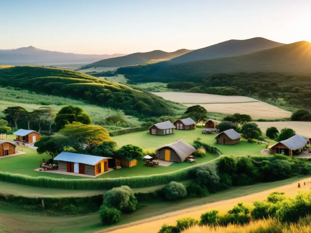 Turismo comunitario Uruguay reflejado en el ocaso dorado de una aldea ecológica, enriquecida por la calidez de sus actividades sostenibles