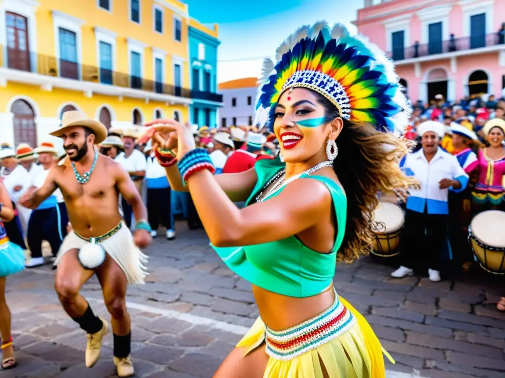 Turismo cultural en Las Piedras, Uruguay, donde bailarines vibrantes y coloridos animan el Carnaval en una calle histórica bajo el sol dorado