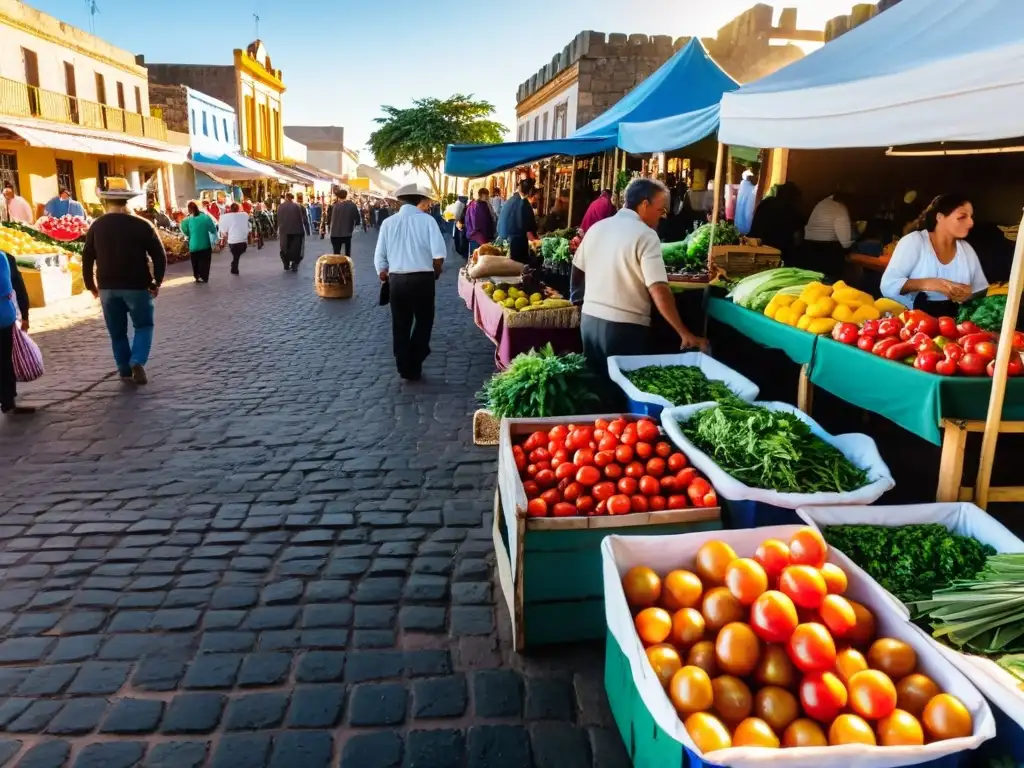 Turismo cultural en Las Piedras, Uruguay: mercado bullicioso al atardecer con vendedores tradicionales y rica gastronomía