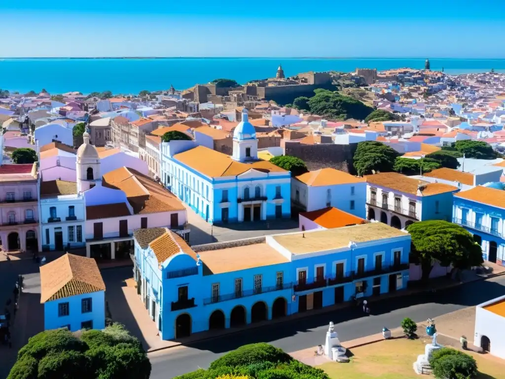 Turismo cultural en Las Piedras, Uruguay; vista panorámica bajo un cielo azul, calles empedradas, árboles florecientes y monumentos históricos