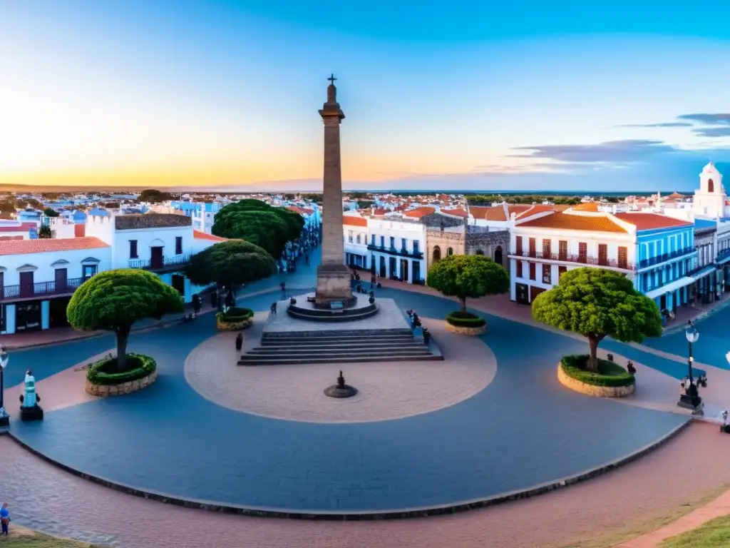 Turismo cultural en Las Piedras, Uruguay: vista panorámica al atardecer del vibrante centro histórico, monumento de la batalla y catedral