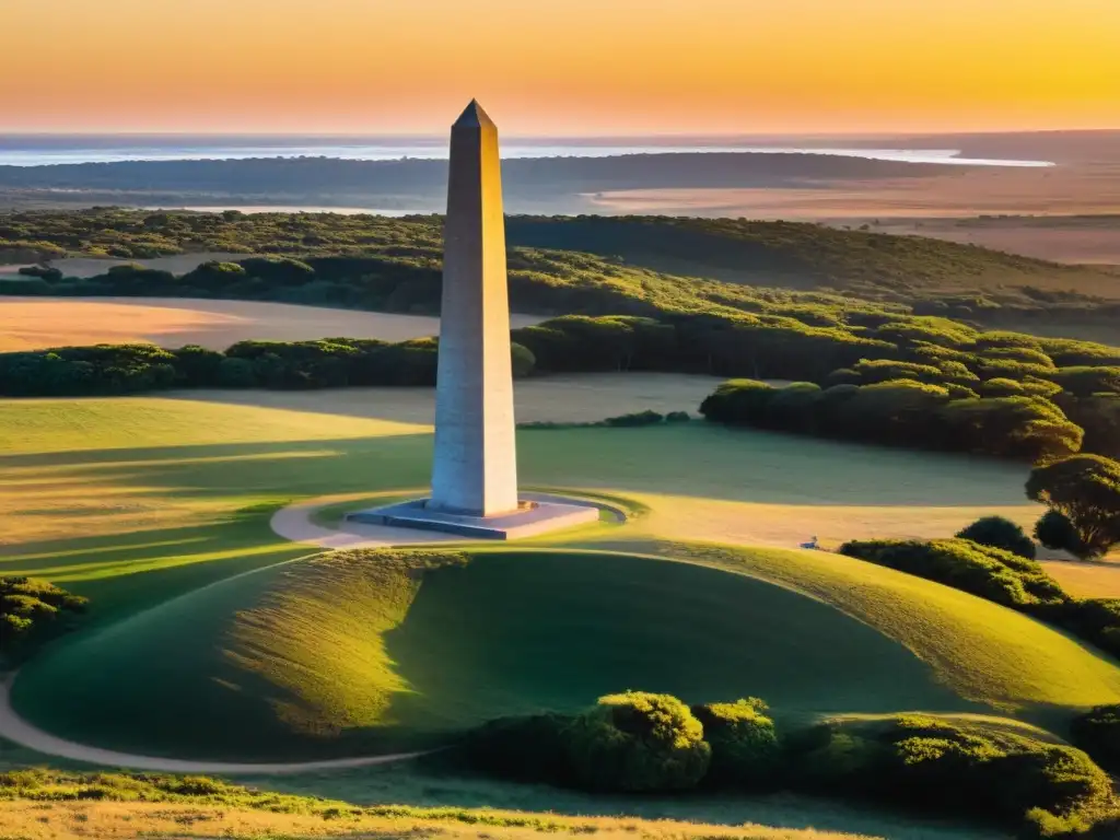 Turismo cultural en Las Piedras, Uruguay, con la vista del obelisco histórico, la ciudad colonial y los viñedos al atardecer