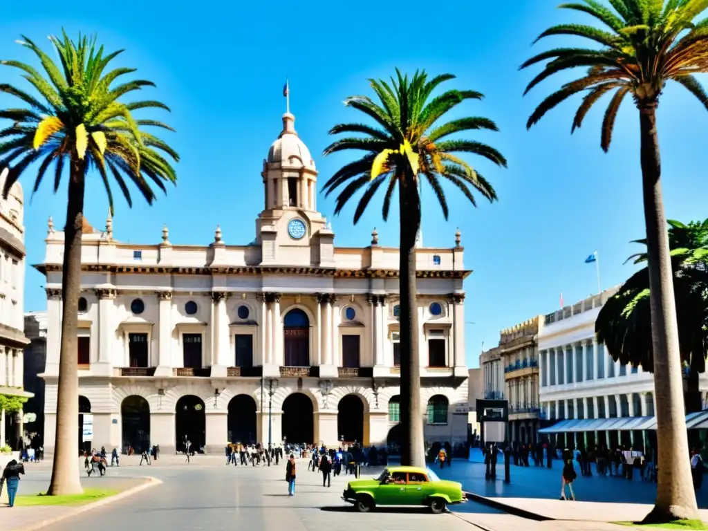 Turismo educativo en Uruguay: Animada calle de Montevideo con la imponente Universidad de la República, símbolo de educación