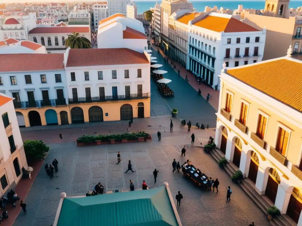 Turismo educativo en Uruguay: estudiantes explorando al atardecer el histórico barrio de Montevideo, sumergidos en la cálida luz del ocaso