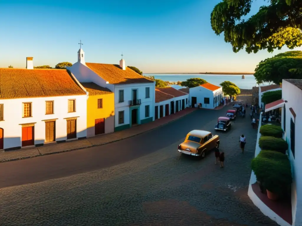 Turismo educativo en Uruguay: estudiantes internacionales explorando la histórica Colonia del Sacramento al atardecer, bañada por el sol dorado