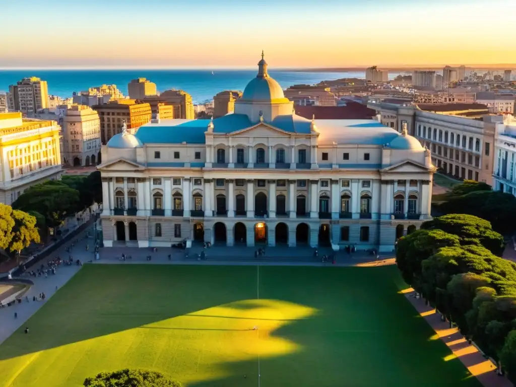 Turismo educativo en Uruguay: atardecer en la Universidad de la República, estudiantes y libros de viaje