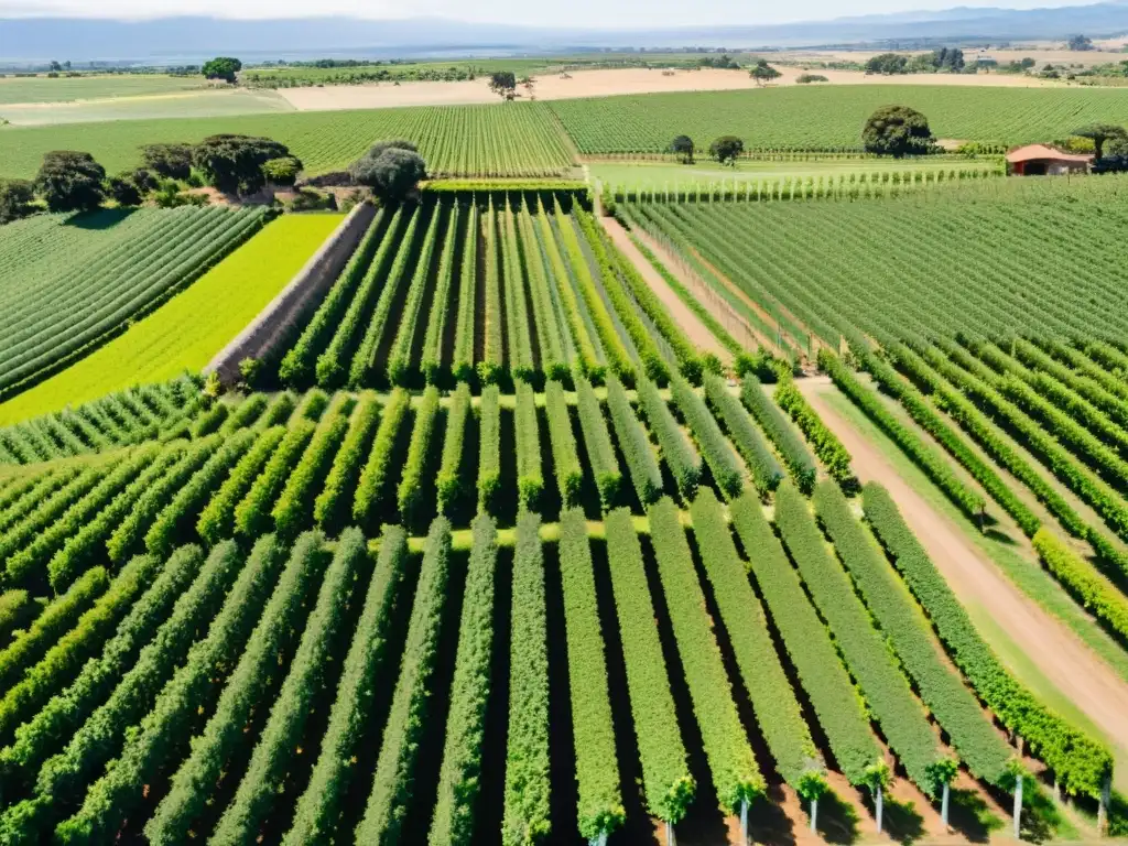 Turismo enológico Uruguay: majestuosa vista aérea de bodegas y viñedos frondosos bajo un sol cálido tarde