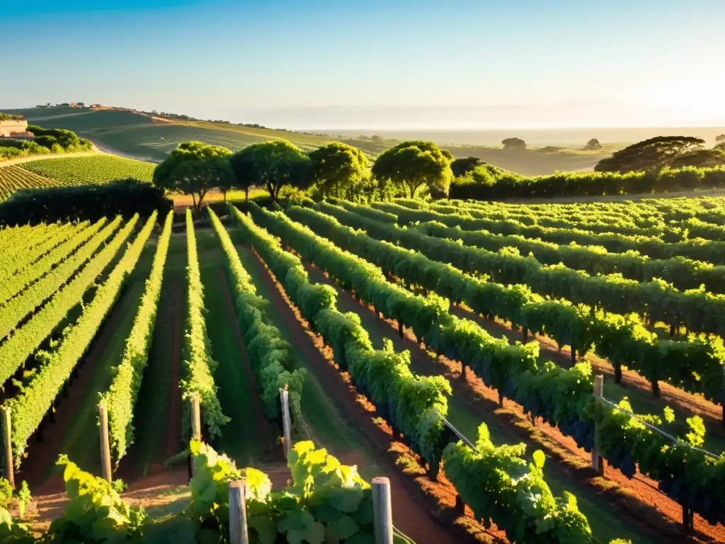 Turismo enológico en Uruguay, trabajadores cuidando viñedos verdes bajo un cielo atardecer, dirigiéndose a la bodega rústica