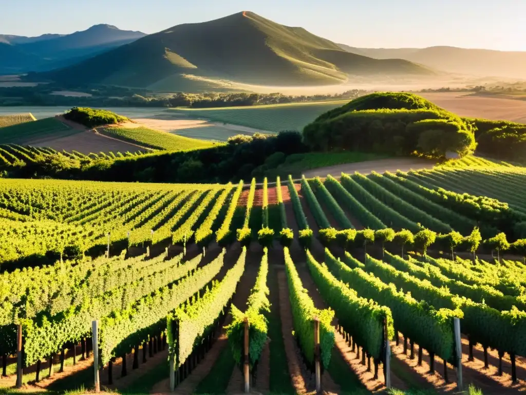 Turismo enológico Uruguay bodegas viñedos: Atardecer dorado, turistas en un camino rodeado de viñedos rumbo a una bodega tradicional