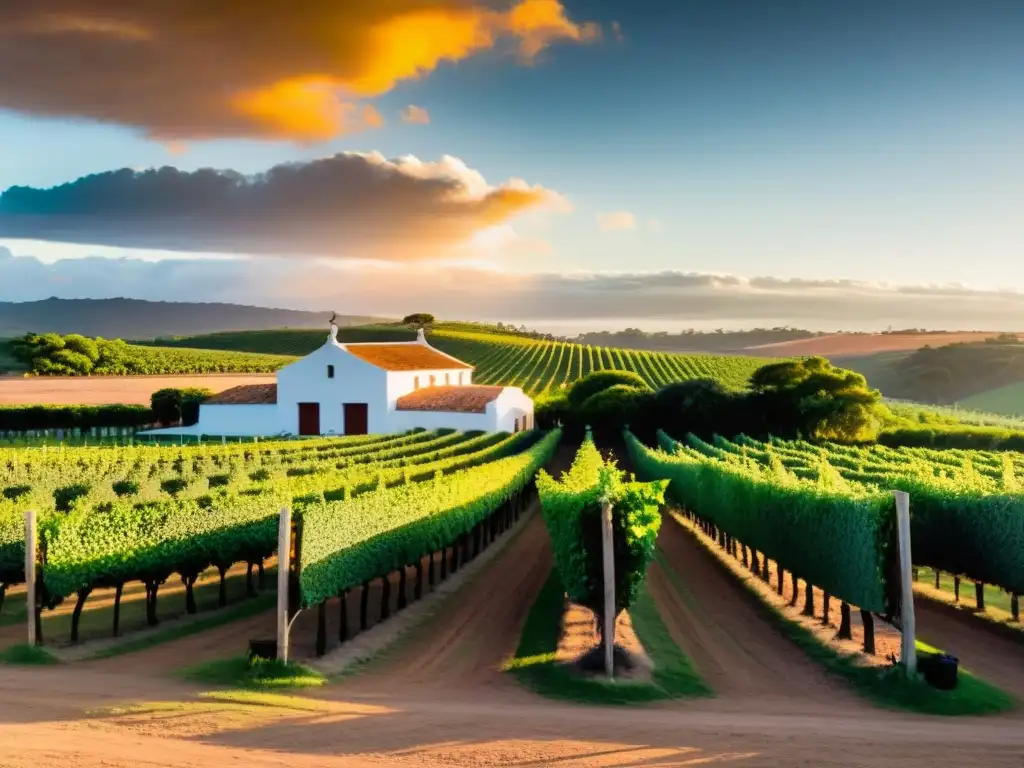 Turismo enológico Uruguay: bodegas y viñedos bañados por un atardecer vibrante, invitando a descubrir la tradición vinícola