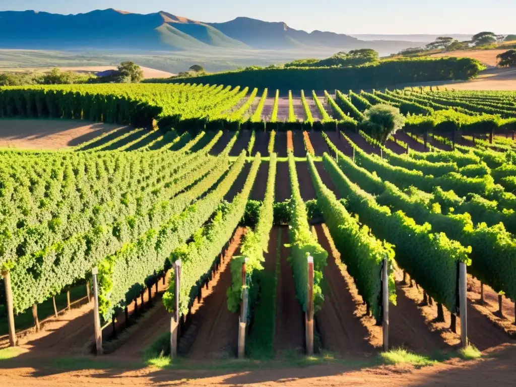 Turismo enológico Uruguay: bodegas y viñedos bañados por el sol, uvas maduras y trabajadores apasionados en una tarde colorida