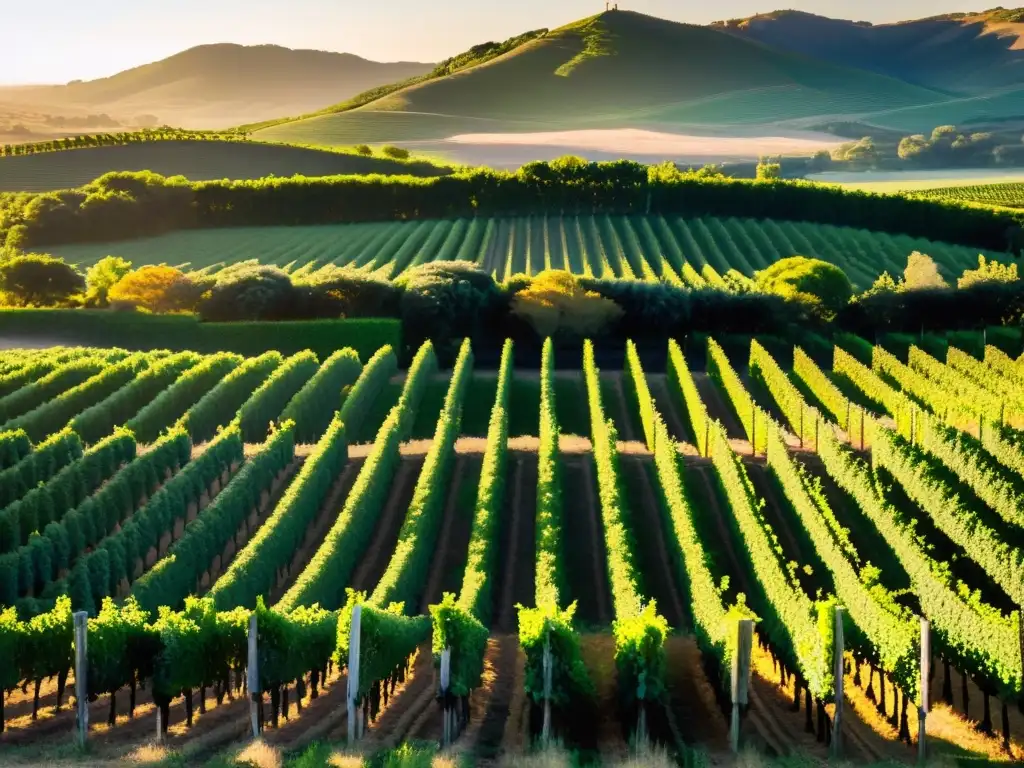 Turismo enológico Uruguay bodegas viñedos: puesta de sol dorada sobre viñedo uruguayo, con bodega rústica al centro, bajo cielo vibrante