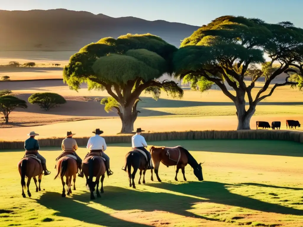 Turismo de estancias en Uruguay: gauchos trabajando al atardecer dorado, edificios coloniales y ganado en la pampa