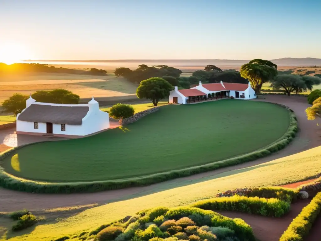 Turismo de estancias en Uruguay: amanecer dorado ilumina una estancia tradicional, rodeada de pastos verdes y un río tranquilo